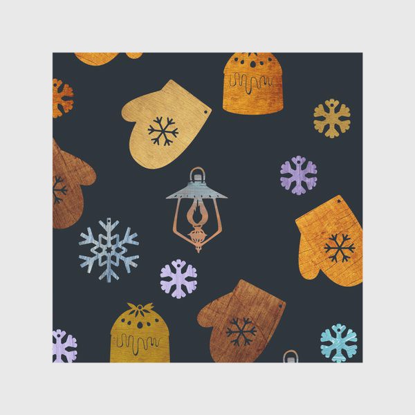 Скатерть «Новогодние рукавицы, снежинки, фонари, пудинг. Стилизация под деревянные фигурки»