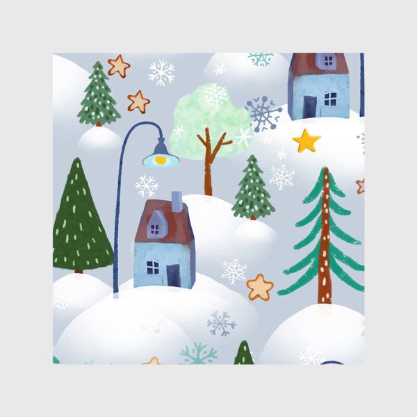 Шторы «елки, уличные фонари, зимние деревья, снег, сугробы, звезды, дома, снежинки»
