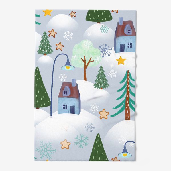 Полотенце «елки, уличные фонари, зимние деревья, снег, сугробы, звезды, дома, снежинки»