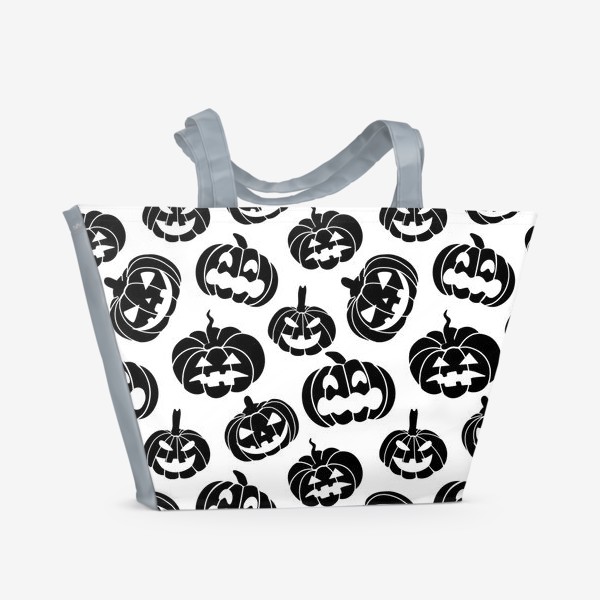 Пляжная сумка «Жуткие тыквы на белом фоне. Черно-белый хэллоуин узор тыкв»