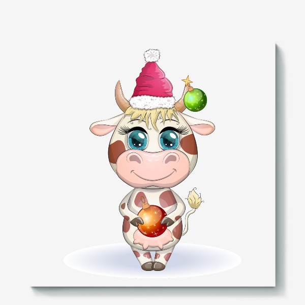 Холст «Бык, символ 2021 года, корова с шаром и в шапке Санта-Клауса»