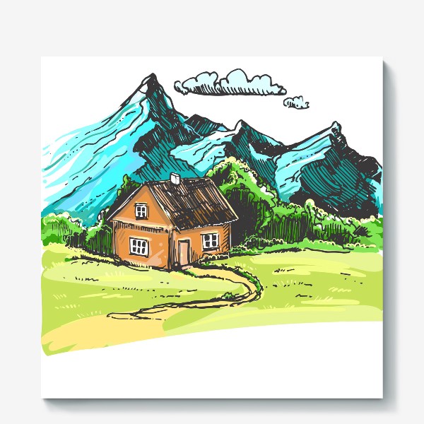 Холст «домик в горах на зеленой поляне.»