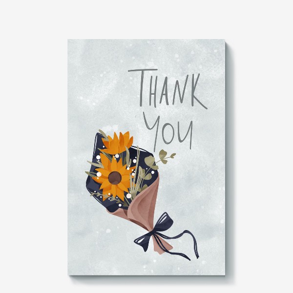 Холст «Надпись спасибо тебе с букетом цветов. На нежном голубом фоне»