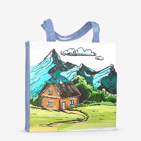 Сумка-шоппер «домик в горах на зеленой поляне.»