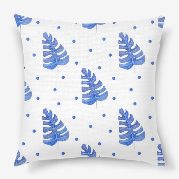 Подушка «Орнамент из акварельных голубых листьев»