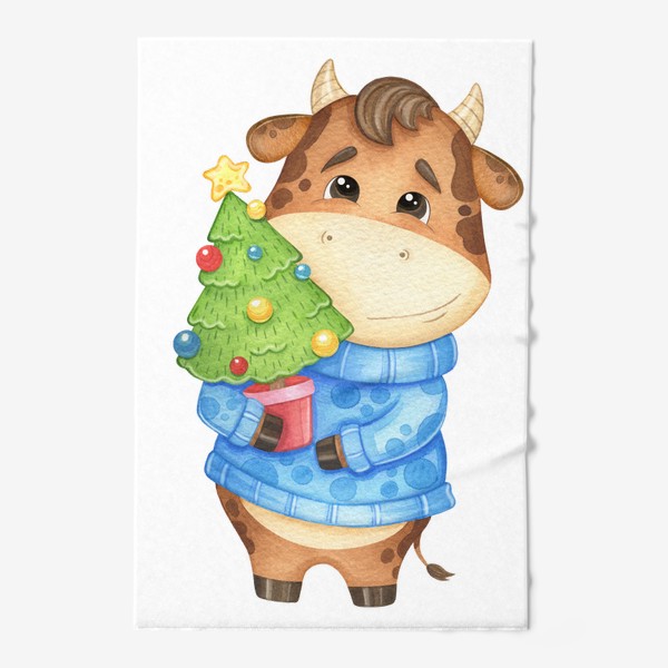 Полотенце «Акварельный бык с ёлкой, милый новогодний принт»