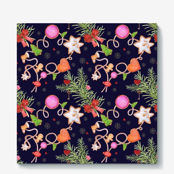 Холст «Christmas seamless pattern. Gingerbread men and elements of New Year's decor. »