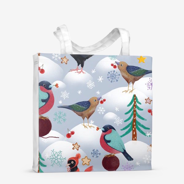 Сумка-шоппер «Снегири, голуби в шапках и лесные птички. Зима, елки, снег, снежинки, ягоды, звезды.»