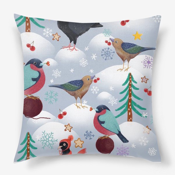 Подушка &laquo;Снегири, голуби в шапках и лесные птички. Зима, елки, снег, снежинки, ягоды, звезды.&raquo;