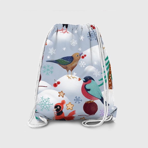 Рюкзак «Снегири, голуби в шапках и лесные птички. Зима, елки, снег, снежинки, ягоды, звезды.»