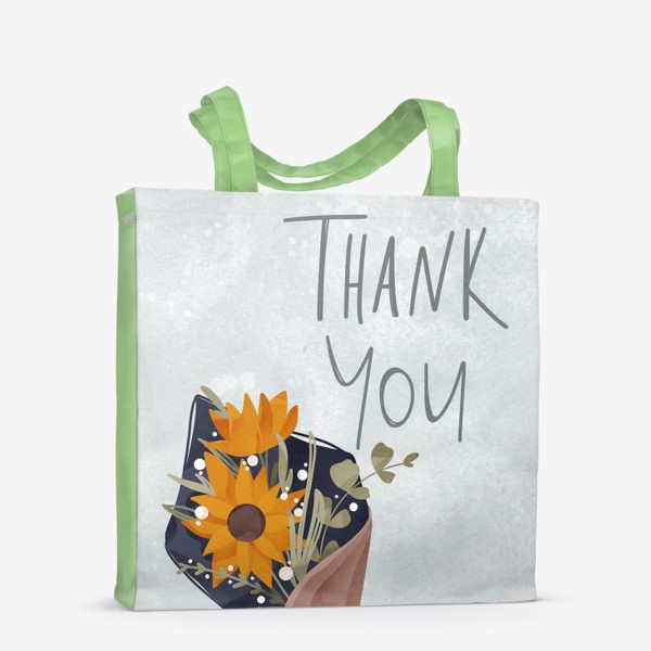 Сумка-шоппер «Надпись спасибо тебе с букетом цветов. На нежном голубом фоне»