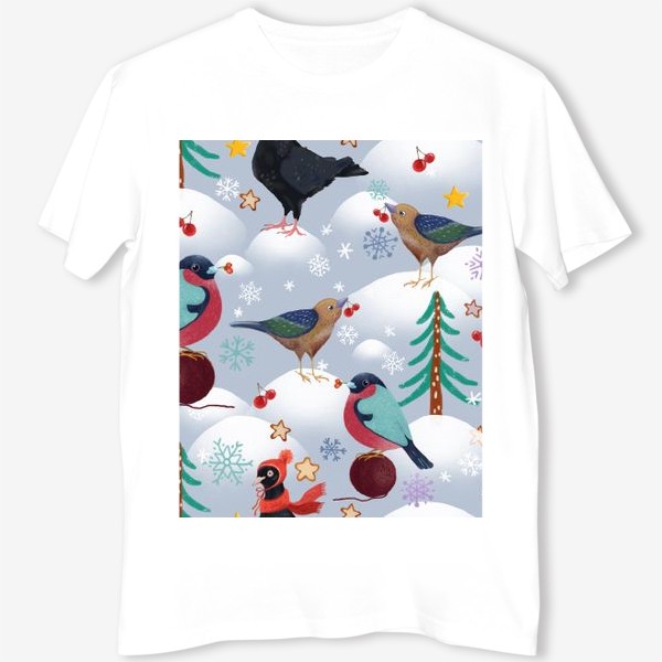 Футболка &laquo;Снегири, голуби в шапках и лесные птички. Зима, елки, снег, снежинки, ягоды, звезды.&raquo;