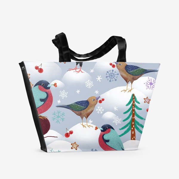 Пляжная сумка &laquo;Снегири, голуби в шапках и лесные птички. Зима, елки, снег, снежинки, ягоды, звезды.&raquo;