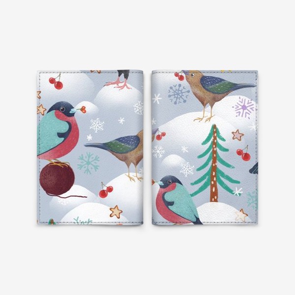 Обложка для паспорта «Снегири, голуби в шапках и лесные птички. Зима, елки, снег, снежинки, ягоды, звезды.»