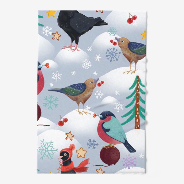 Полотенце &laquo;Снегири, голуби в шапках и лесные птички. Зима, елки, снег, снежинки, ягоды, звезды.&raquo;
