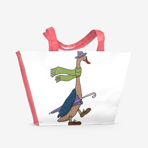 Пляжная сумка &laquo;Гусь в шляпе и ботинках с зонтиком. Веселый персонаж. Белый фон.&raquo;