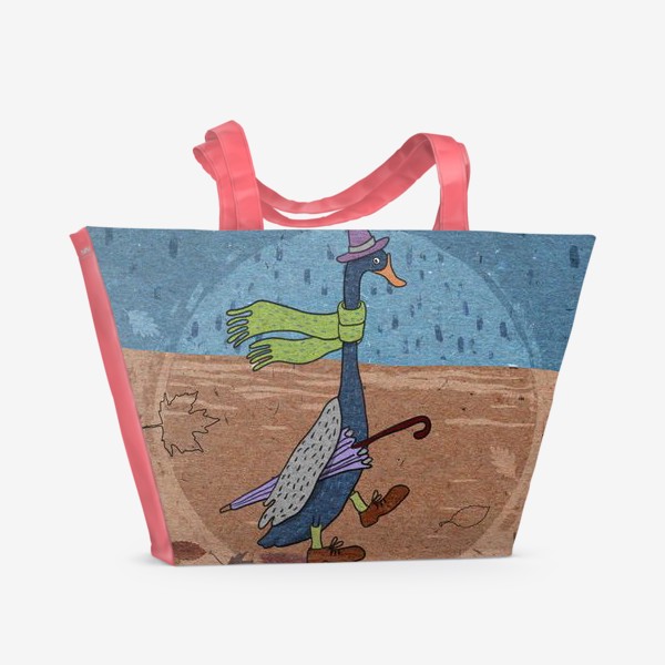 Пляжная сумка &laquo;Гусь в шляпе с зонтиком. Крафт тема.&raquo;