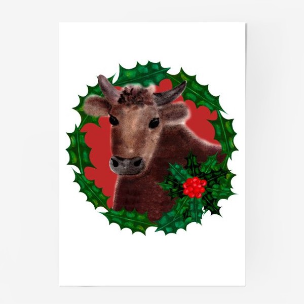 Постер «Новогодний бык Гриша в венке из остролиста»
