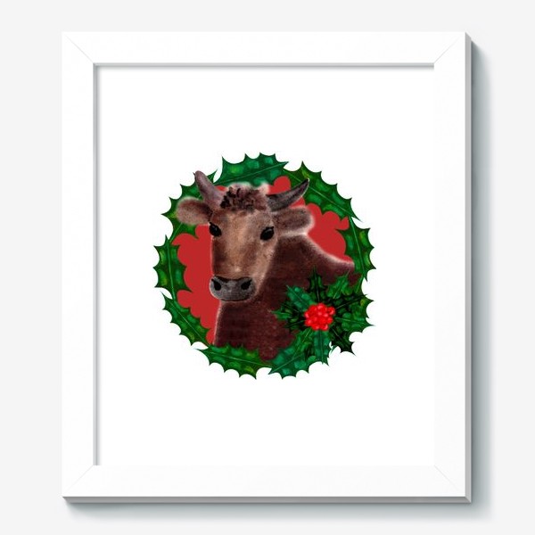 Картина «Новогодний бык Гриша в венке из остролиста»