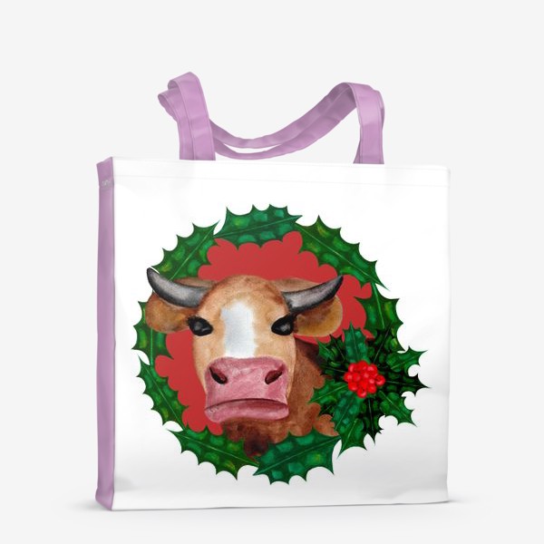Сумка-шоппер «Новогодняя корова в венке из остролиста»