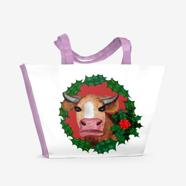 Пляжная сумка «Новогодняя корова в венке из остролиста»