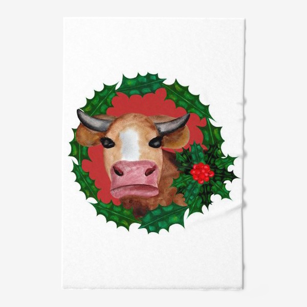 Полотенце «Новогодняя корова в венке из остролиста»