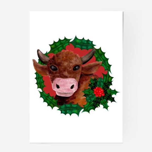Постер «Новогодний бык в венке из остролиста»