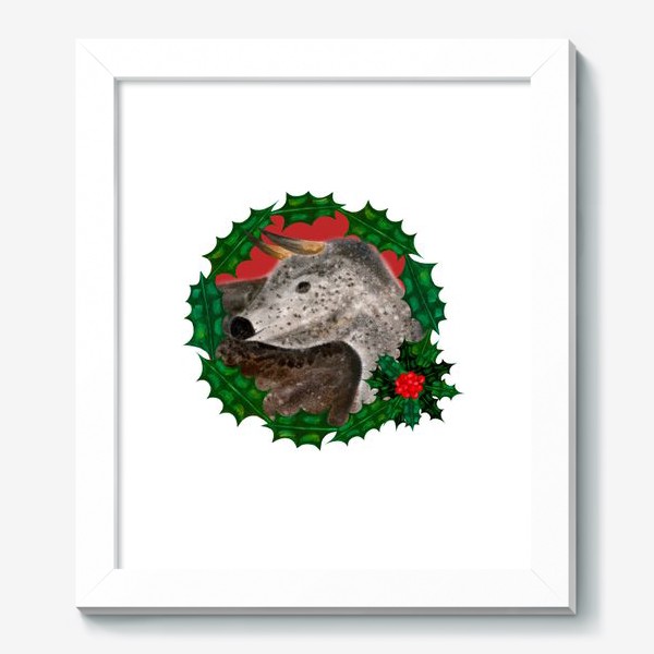 Картина «Пятнистый новогодний бык в венке из остролиста»