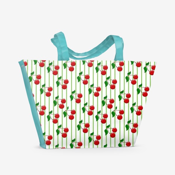 Пляжная сумка «Красные вишни с полосками и зелеными листьями.»
