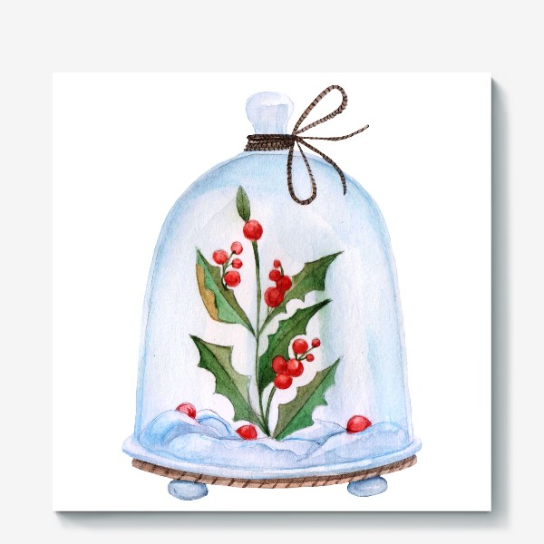 Холст «Christmas decoration holly under a glass dome. Watercolor illustration.»