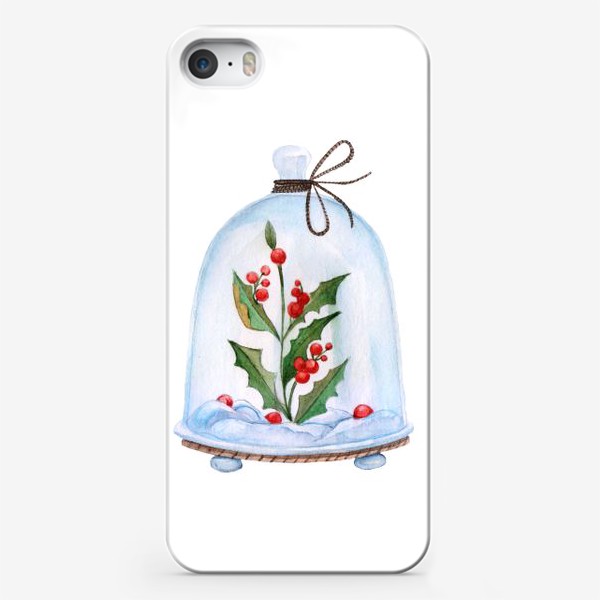 Чехол iPhone «Christmas decoration holly under a glass dome. Watercolor illustration.»