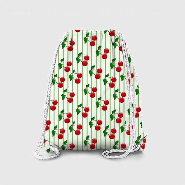 Рюкзак «Красные вишни с полосками и зелеными листьями.»