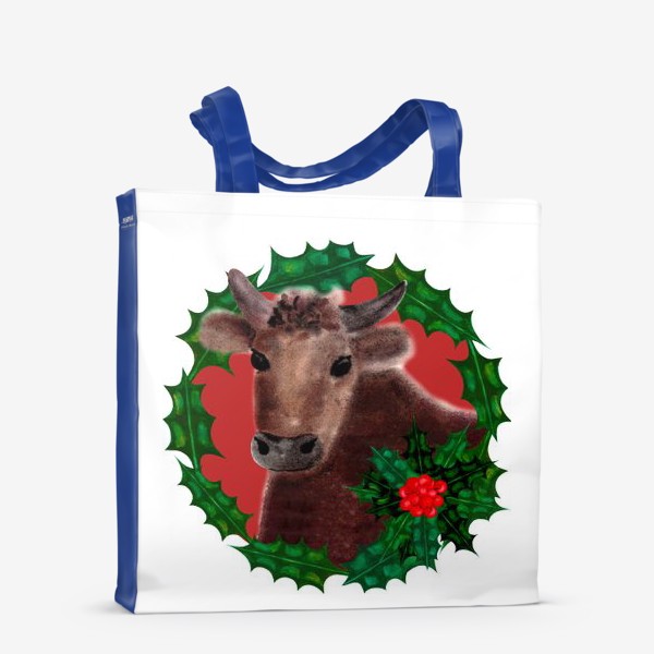 Сумка-шоппер «Новогодний бык Гриша в венке из остролиста»