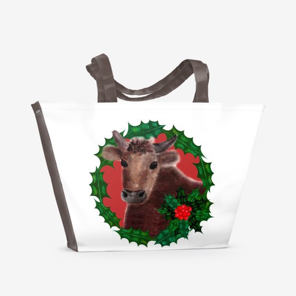 Пляжная сумка &laquo;Новогодний бык Гриша в венке из остролиста&raquo;