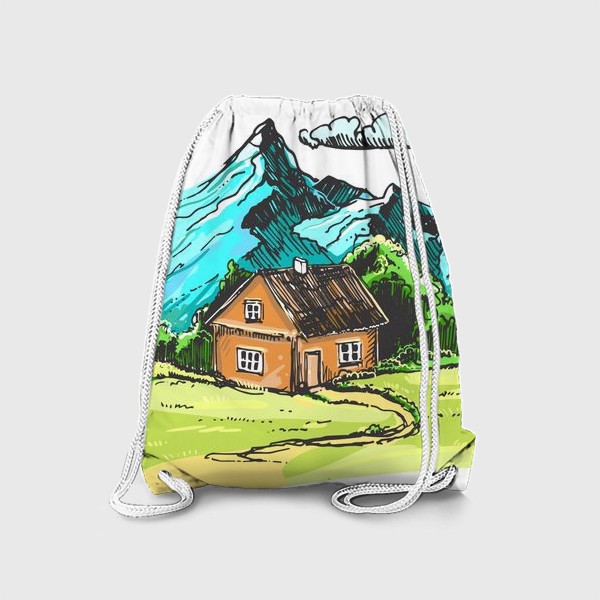 Рюкзак «домик в горах на зеленой поляне.»