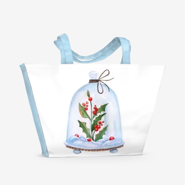 Пляжная сумка «Christmas decoration holly under a glass dome. Watercolor illustration.»