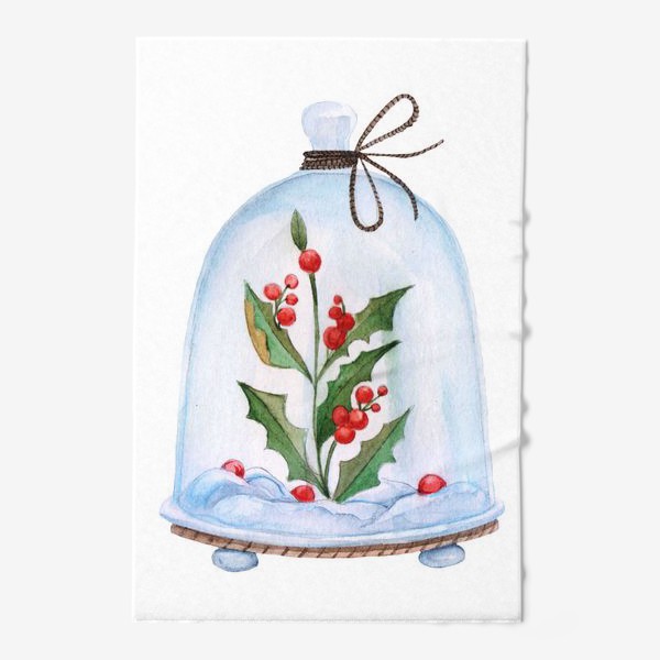 Полотенце «Christmas decoration holly under a glass dome. Watercolor illustration.»