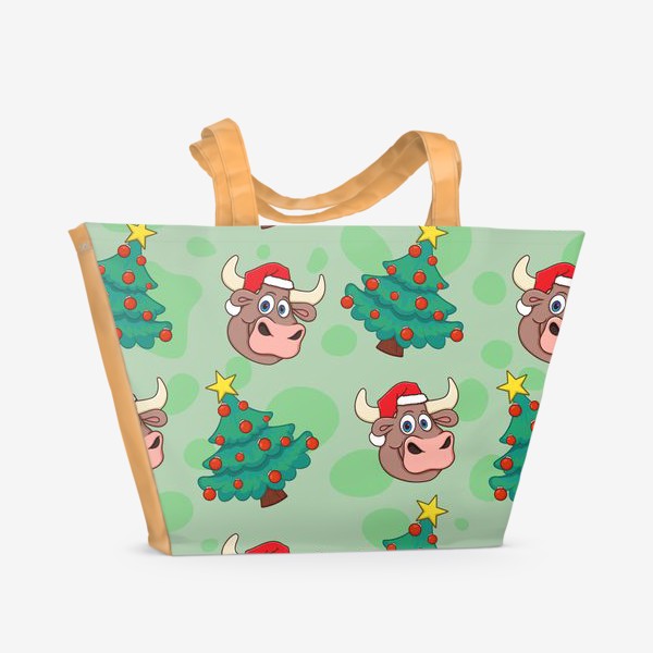 Пляжная сумка «узор с быком символом 2021 года и новогодними елками»