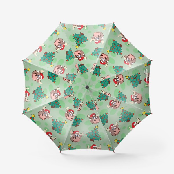 Зонт &laquo;узор с быком символом 2021 года и новогодними елками&raquo;