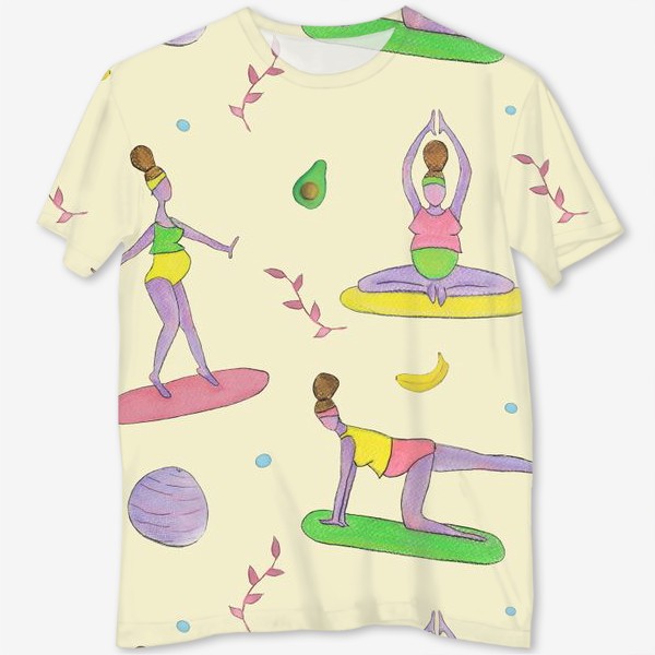 Футболка с полной запечаткой «Йога для беременных. Беременяшки. Полезный фитнес. Авокадо и банан»