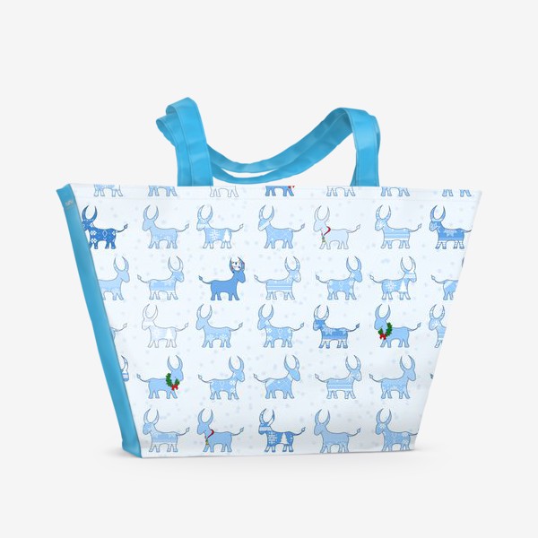 Пляжная сумка «Паттерн "Голубые бычки в уютных вязаных свитерах"»