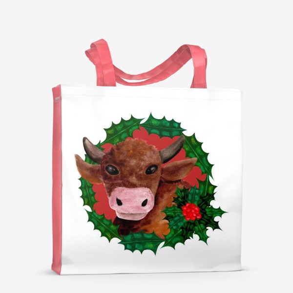 Сумка-шоппер «Новогодний бык в венке из остролиста»