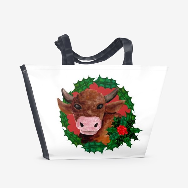 Пляжная сумка «Новогодний бык в венке из остролиста»