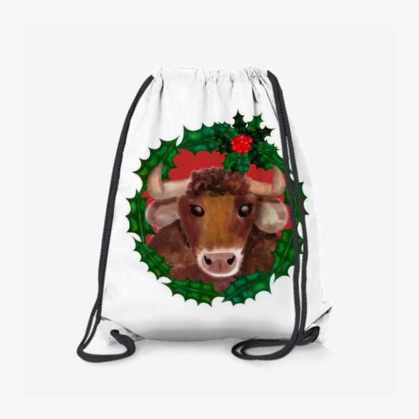 Рюкзак «Новогодний бык в венке из остролиста»