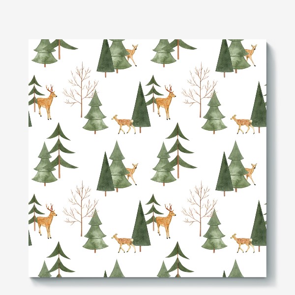 Холст «Зимний лес. Акварельный паттерн с оленями и абстрактными деревьями на белом фоне»
