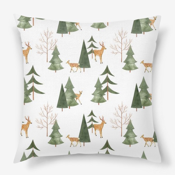 Подушка «Зимний лес. Акварельный паттерн с оленями и абстрактными деревьями на белом фоне»
