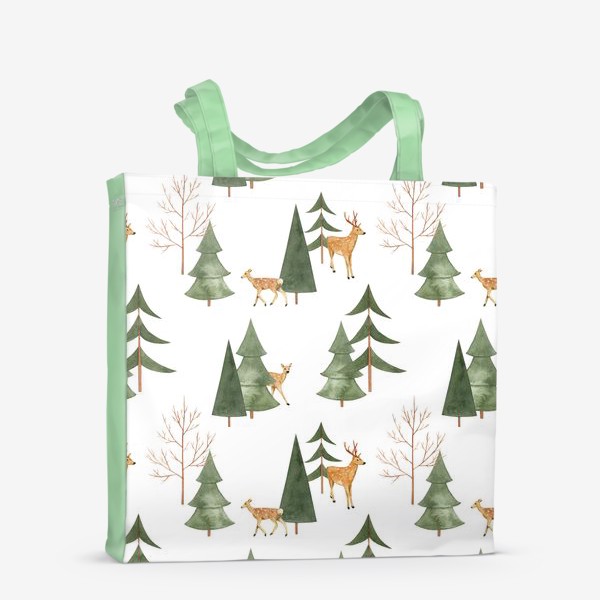 Сумка-шоппер &laquo;Зимний лес. Акварельный паттерн с оленями и абстрактными деревьями на белом фоне&raquo;
