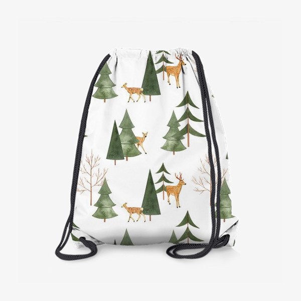 Рюкзак «Зимний лес. Акварельный паттерн с оленями и абстрактными деревьями на белом фоне»