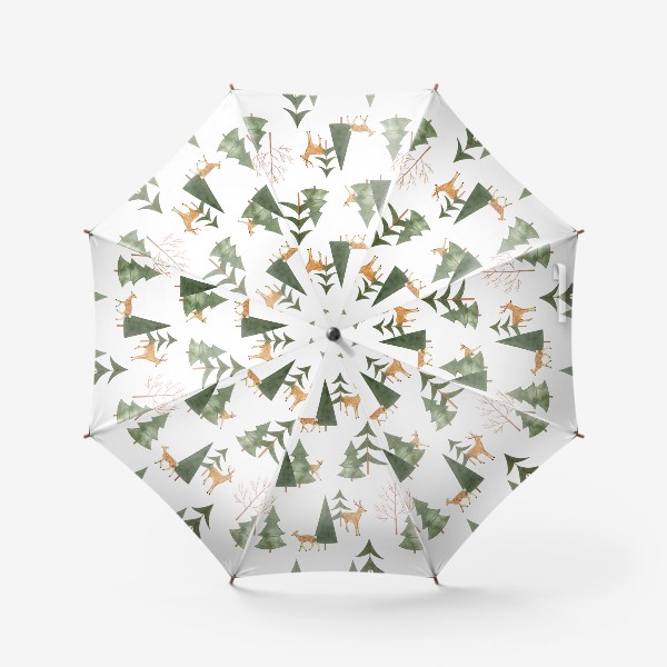 Зонт &laquo;Зимний лес. Акварельный паттерн с оленями и абстрактными деревьями на белом фоне&raquo;