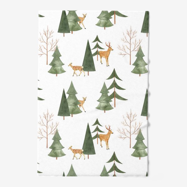 Полотенце «Зимний лес. Акварельный паттерн с оленями и абстрактными деревьями на белом фоне»